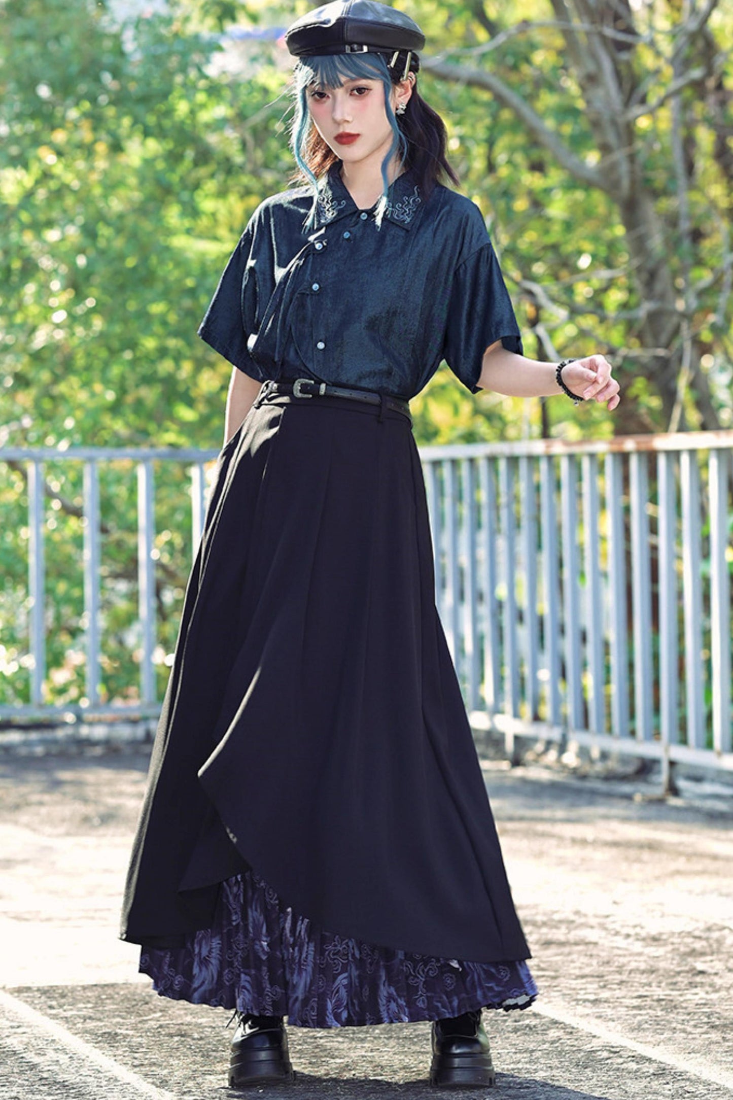 Embroidered Color Asymmetrical Chinese-Style Shirt