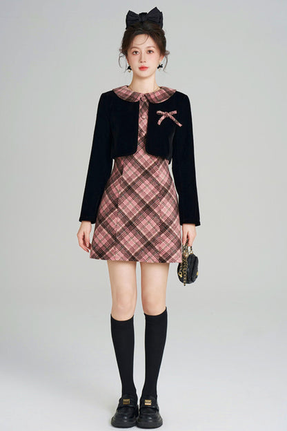 French Retro Plaid Doll Collar Dress