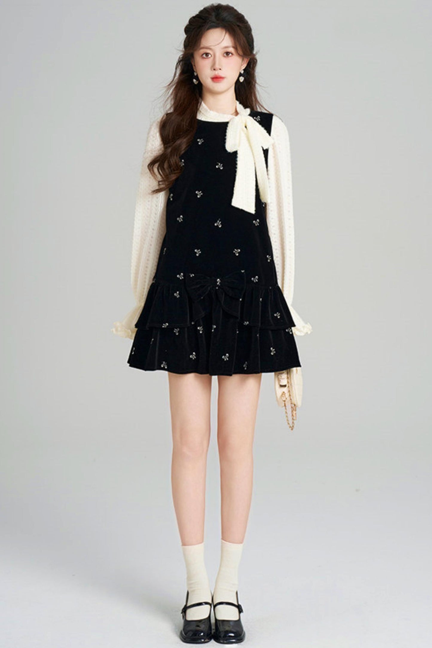 French Sweet Käbel Velvet Dress + Ribbon Neck Blouse