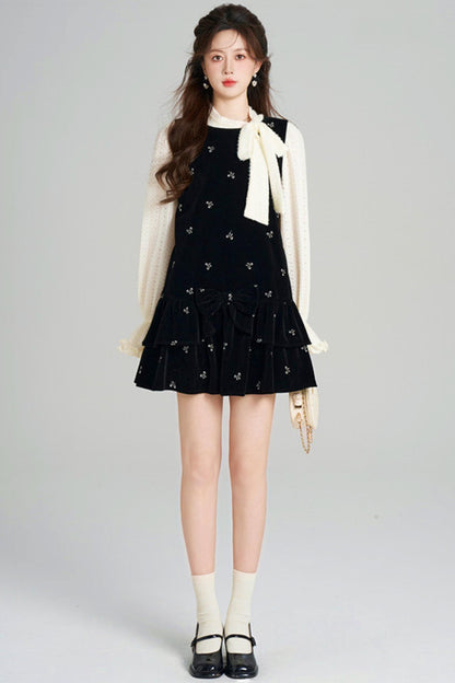 French Sweet Käbel Velvet Dress + Ribbon Neck Blouse