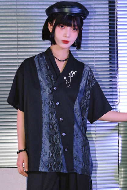 Asymmetrical Collar Snake Print Shirt (with Snake Motif Brooch)