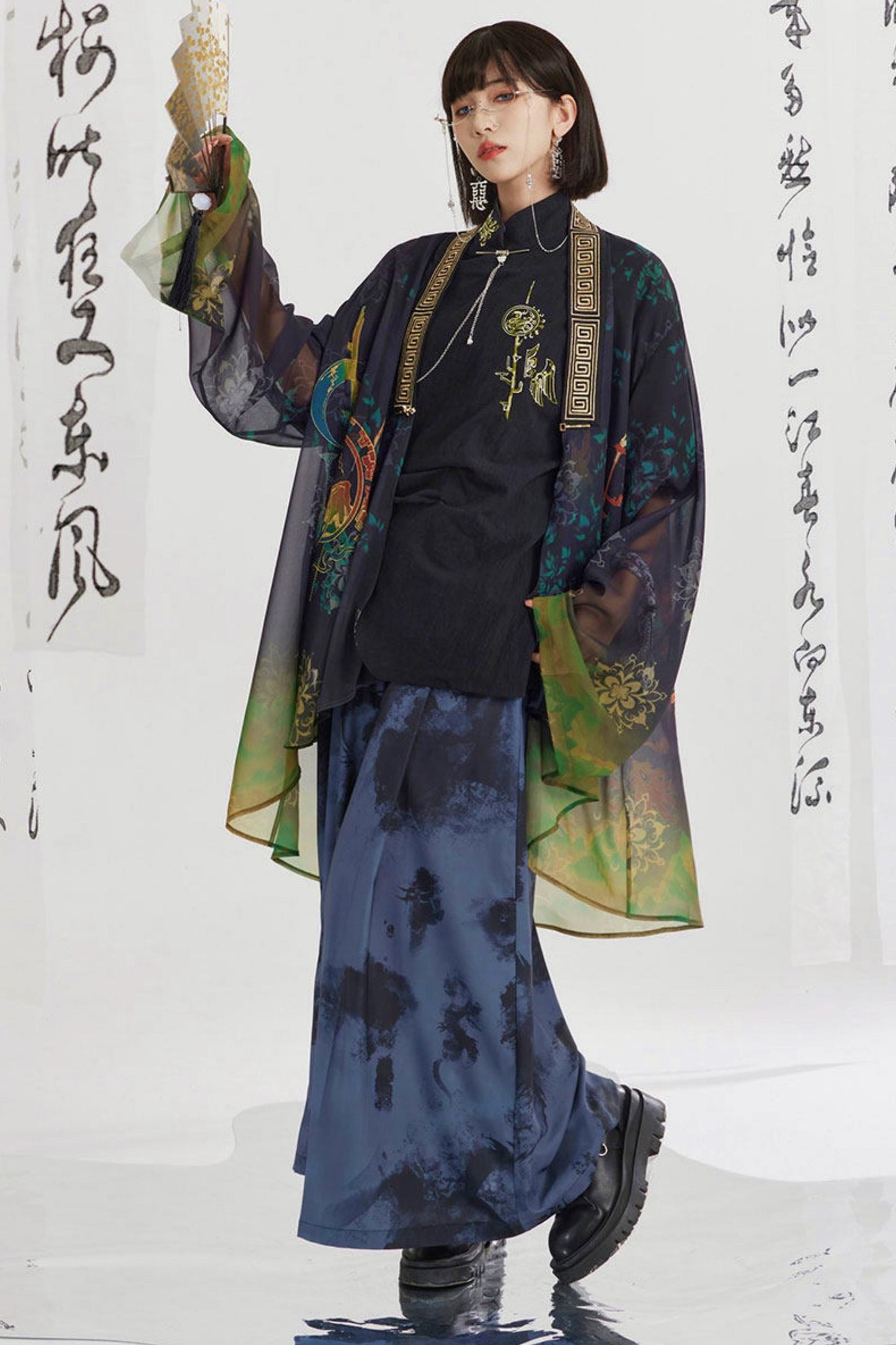 Black and Gold Oriental Ribbon Shirt + Chinese Wide-Leg Pants