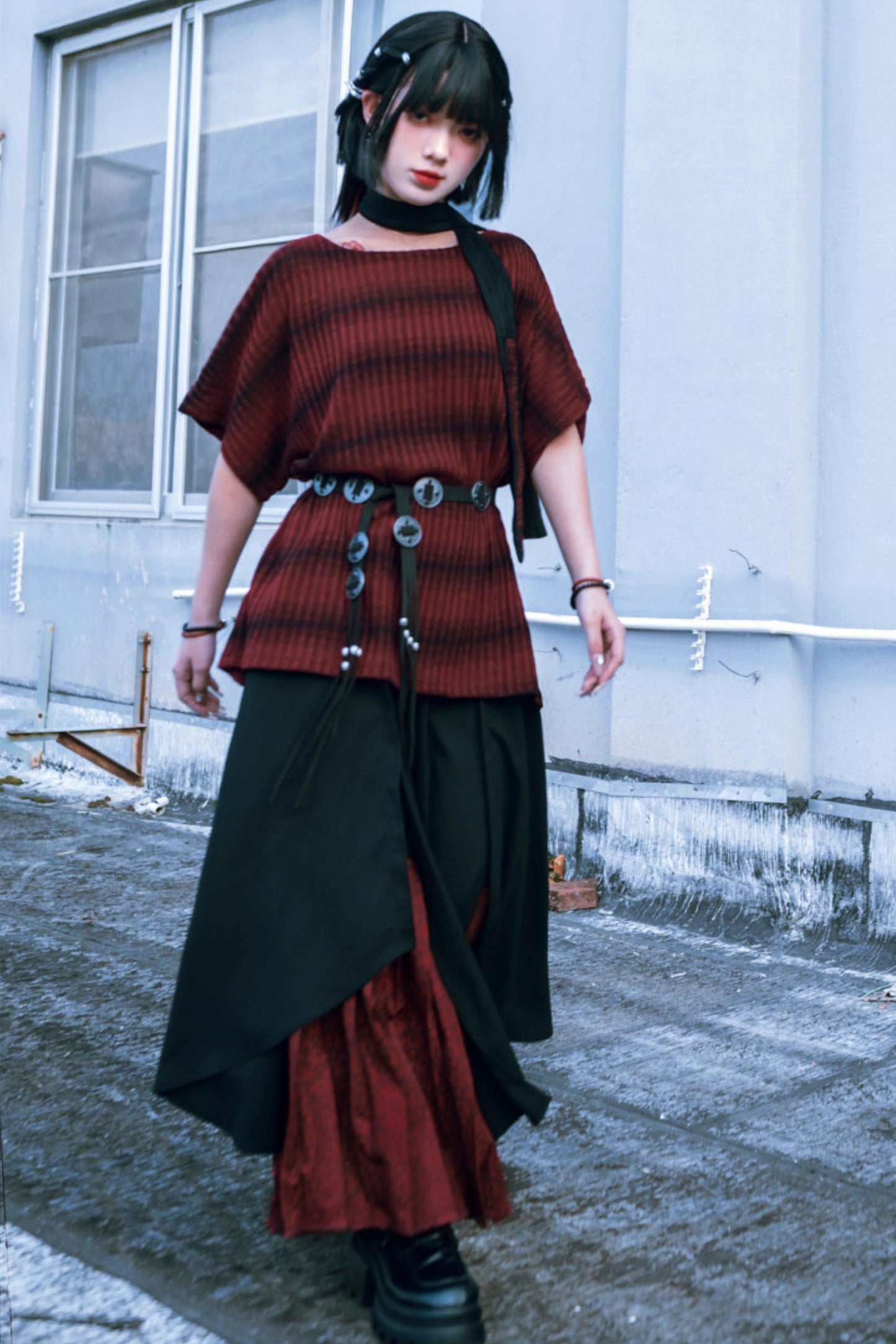 条纹针织蝙蝠袖毛衣