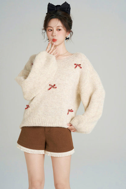 リボンフレンチニットセーター+ショートパンツ