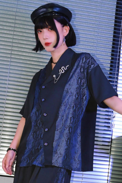 Asymmetrical Collar Snake Print Shirt (with Snake Motif Brooch)