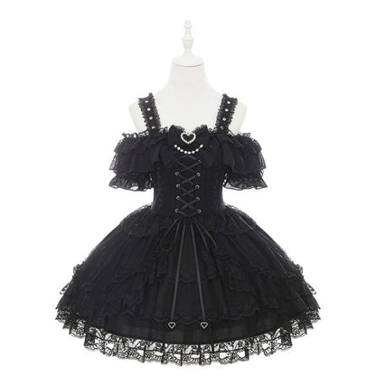 オフショルダー地雷レースドレス+ネックリング