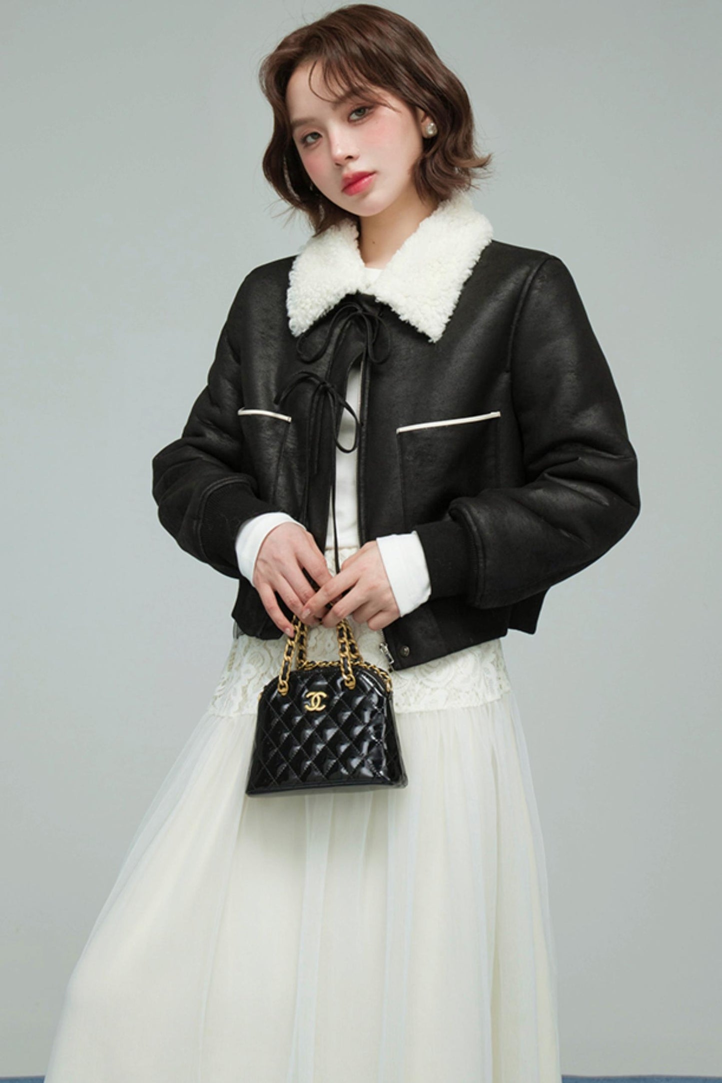 カラーブロックドシアリングコート