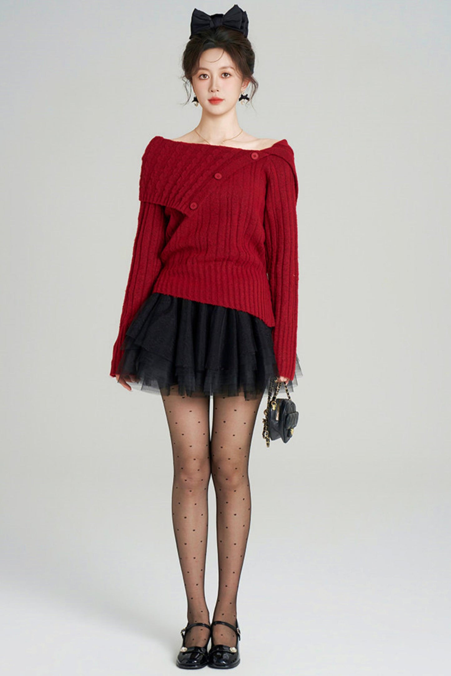 ワンショルダーフレンチタイトトップス+チュールスカート