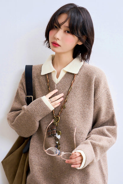 Relaxed Fit Lapel Knit Sweatshirt