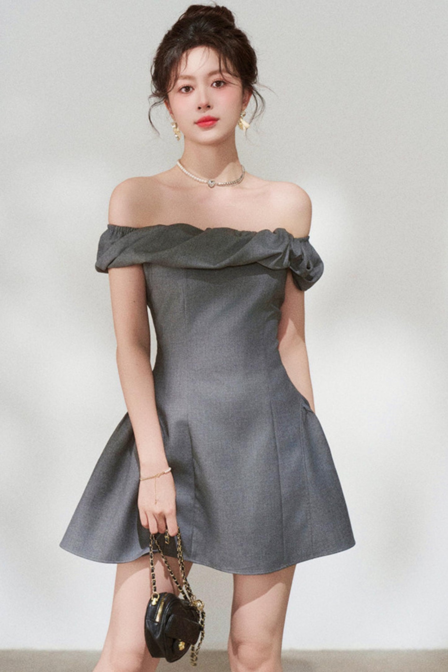French Gray Off-Shoulder Dress