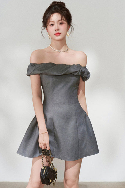 French Gray Off-Shoulder Dress