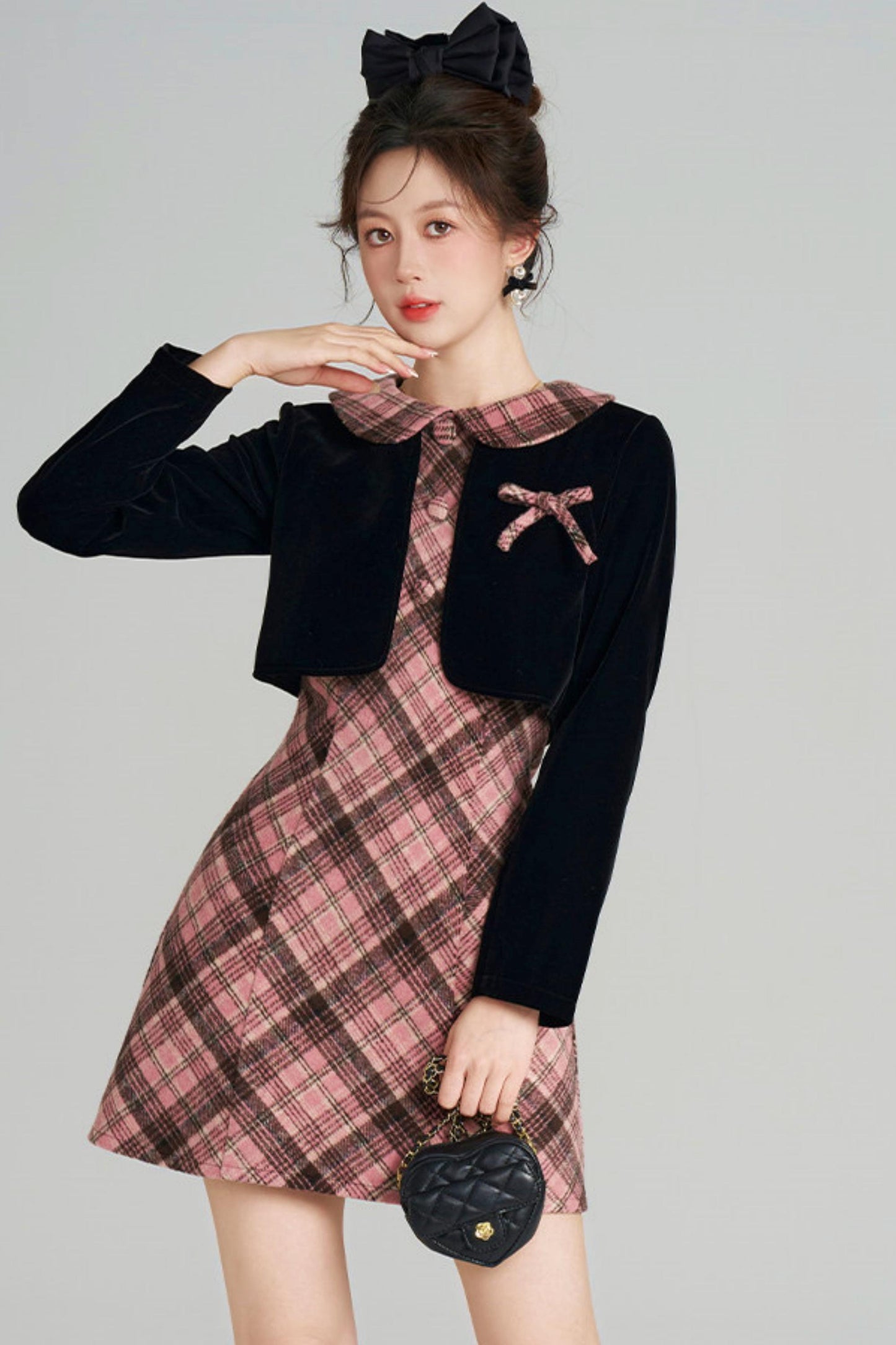 French Retro Plaid Doll Collar Dress