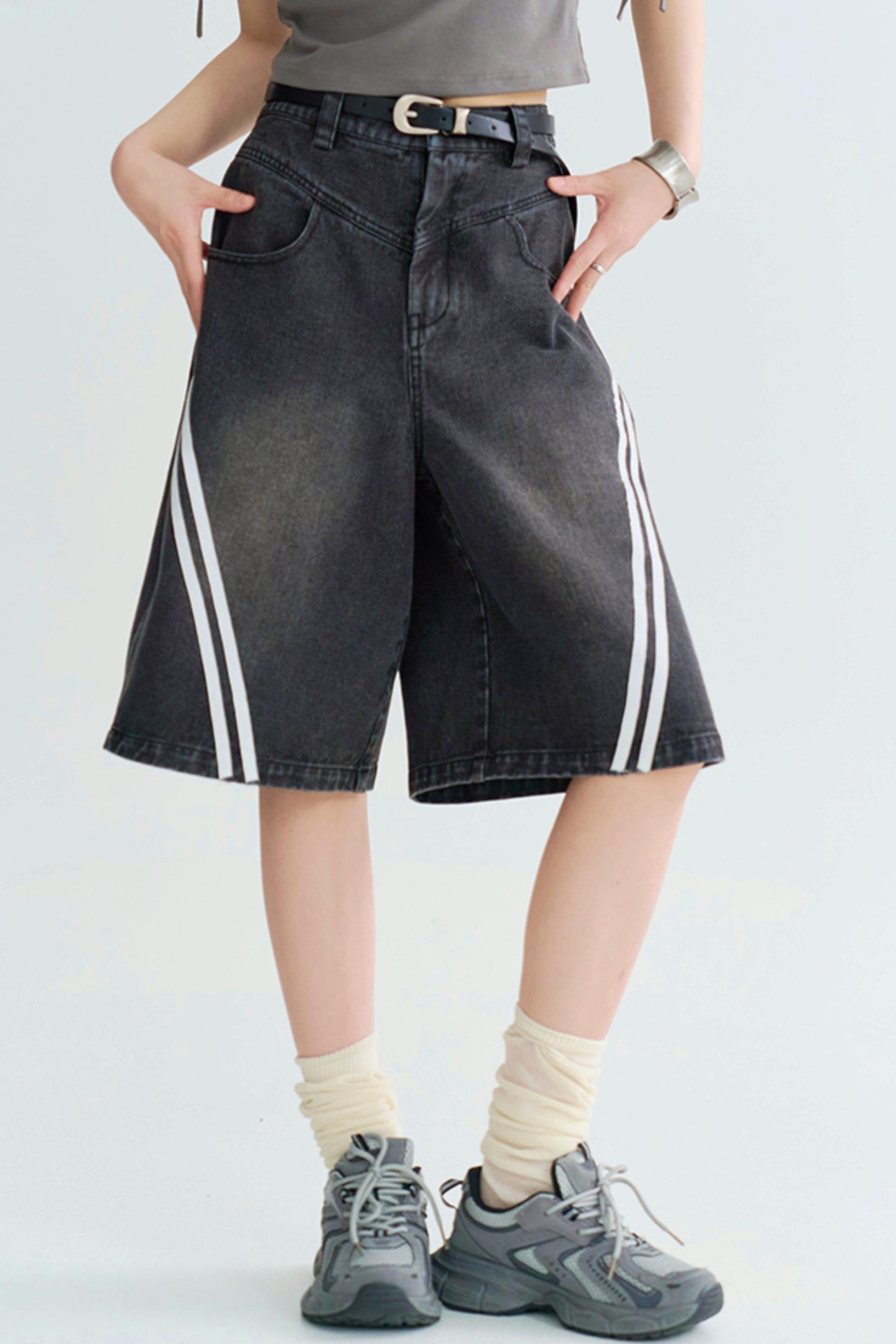 ストライプコントラストクロップドジーンズ