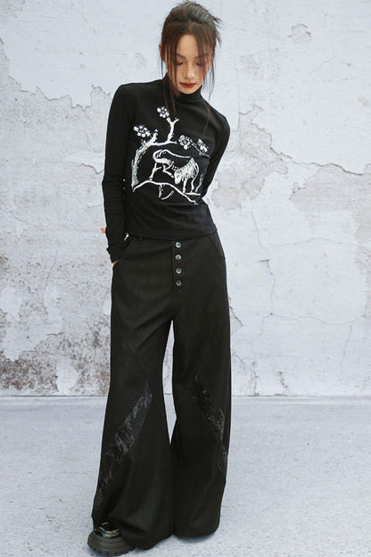 chenille denim patchwork pants