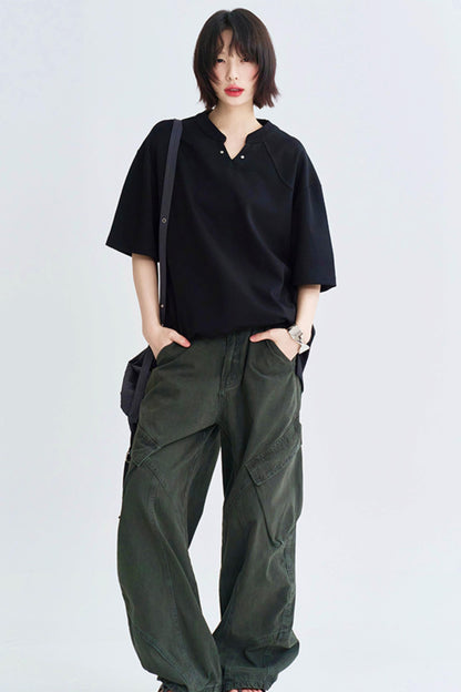 Solid Buoy Neck Loose Casual Tops