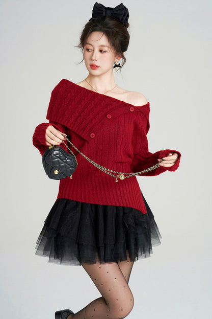 ワンショルダーフレンチタイトトップス+チュールスカート