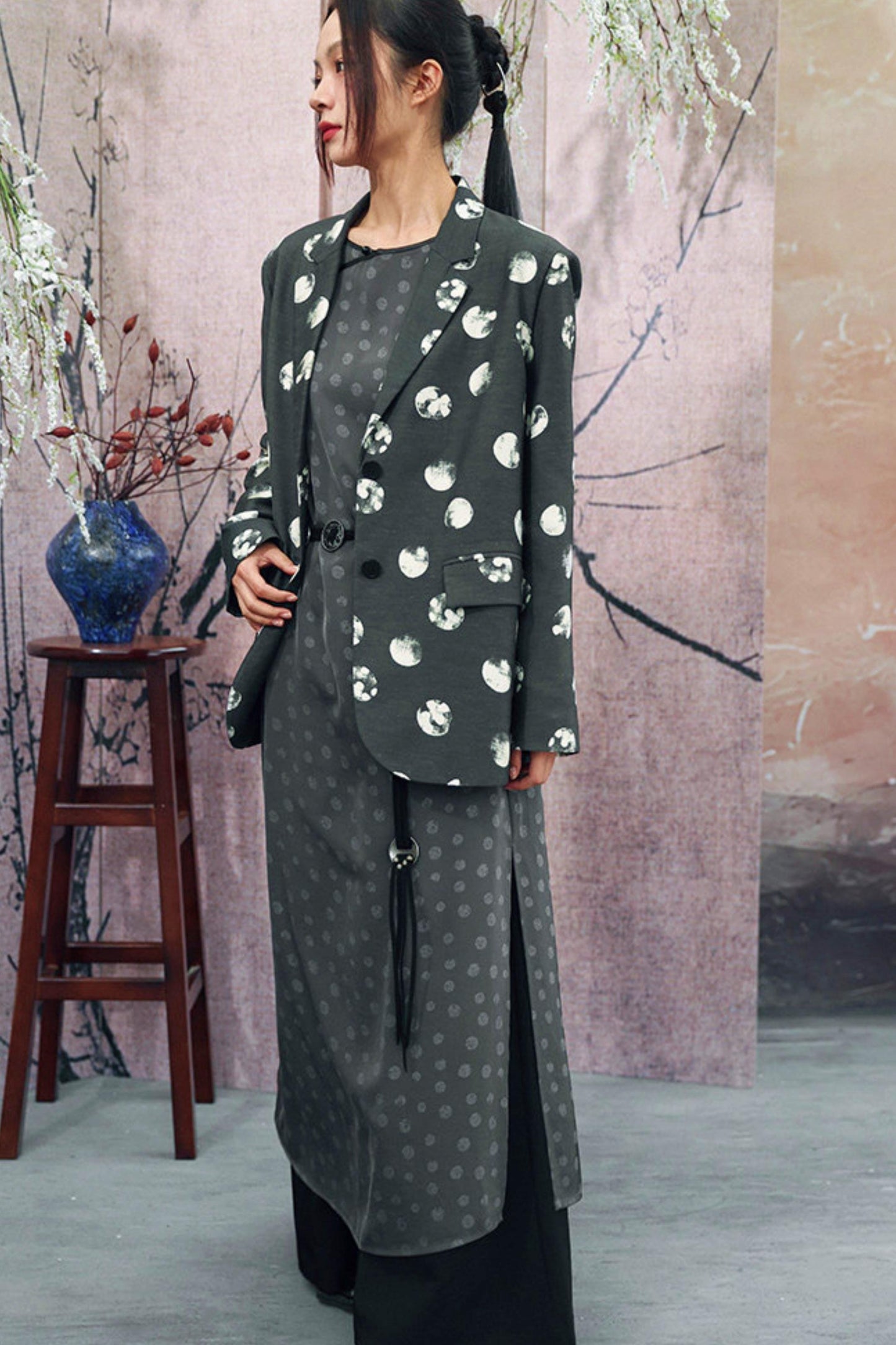 Dot Print Chinese Slit Long Dress
