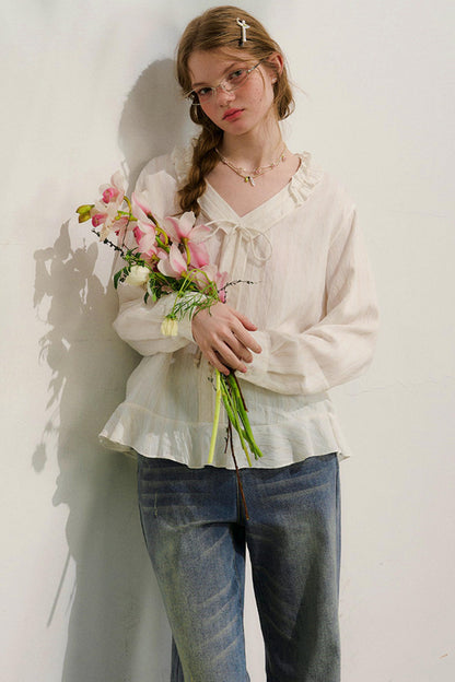 ストライプドレーススリーブブラウス