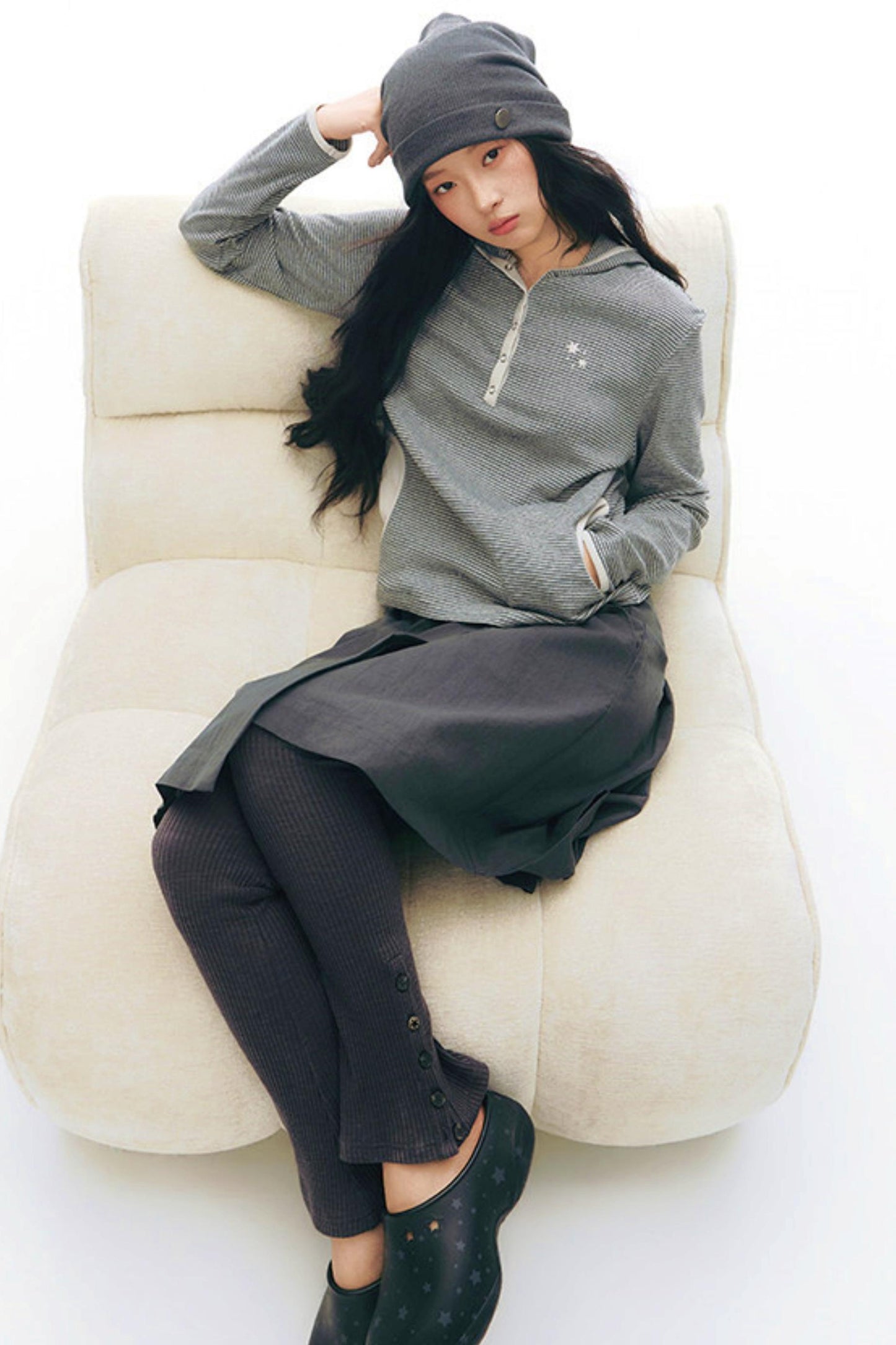 ストライプドフーデッドニットトップス