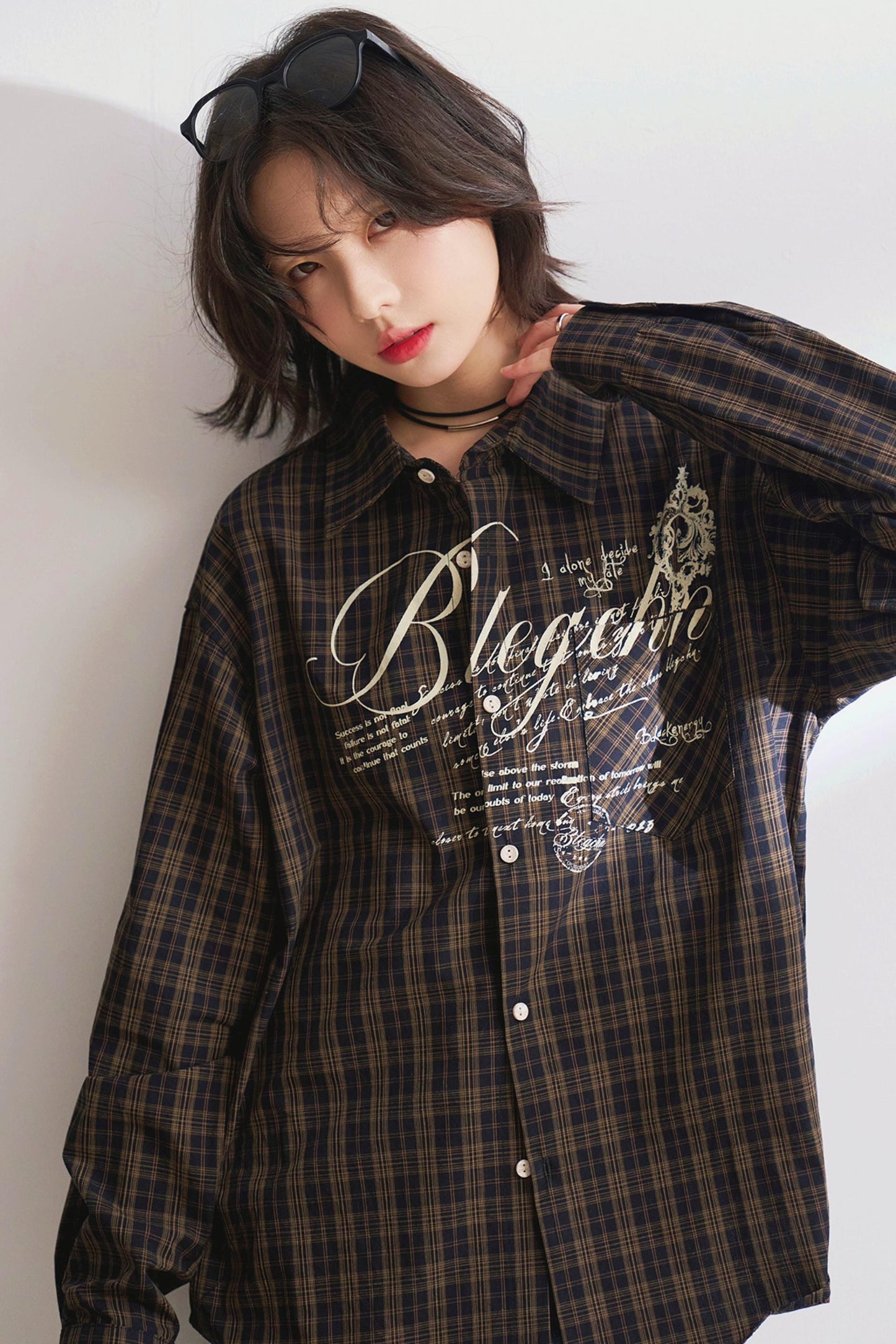 Oversized letter-print check shirt