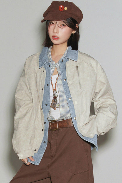 デニムパッチワークカラーブロックジャケット