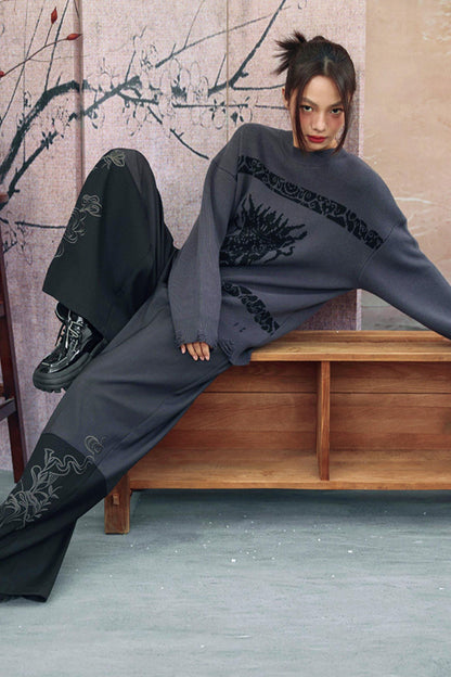 Gray x Black Embroidered High-Waist Wide-Leg Pants