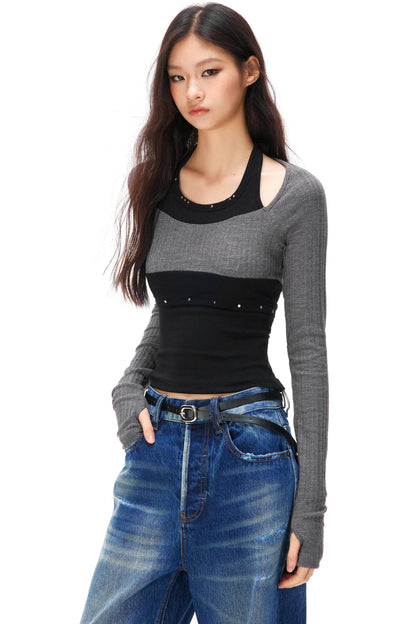 ラインストーンレイヤードニットトップス