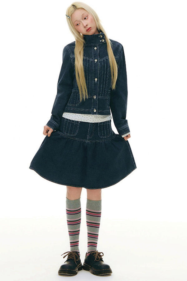 Pleated Denim Jacket + Skirt