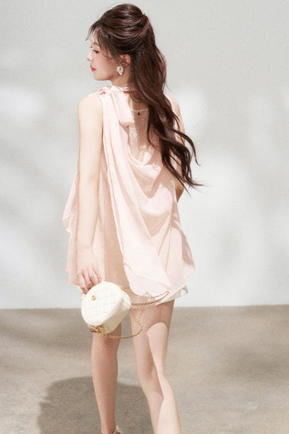 Pink Chiffon Halter Sleeveless Shirt