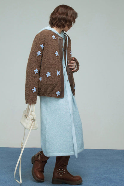 レイクブルーフーデッドニットドレス