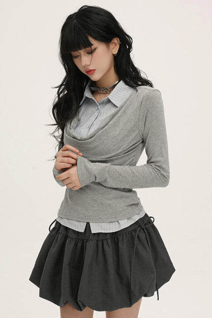 ドレープカウルネックレイヤードシャツ