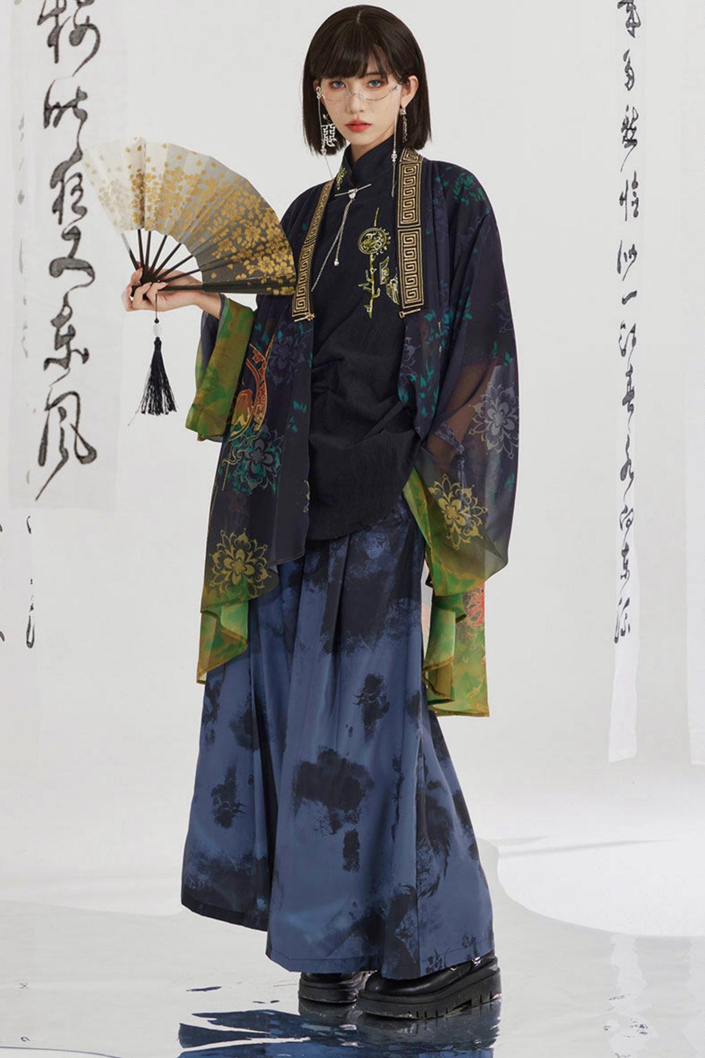 Black and Gold Oriental Ribbon Shirt + Chinese Wide-Leg Pants