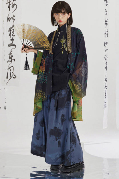 Black and Gold Oriental Ribbon Shirt + Chinese Wide-Leg Pants