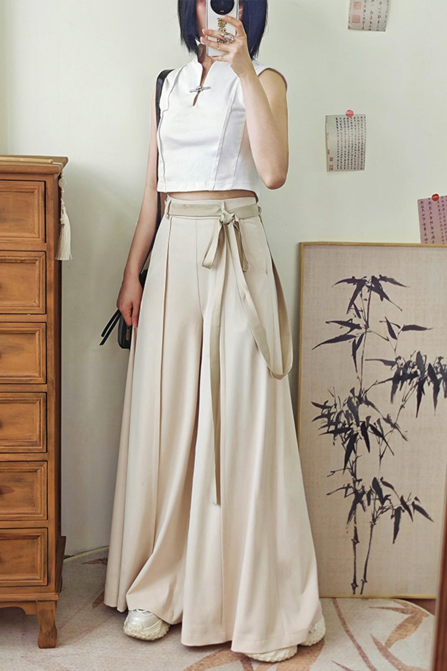 [Pre-order] Black/Beige/Gray Cyber Chinese-Style Wide-Leg Pants