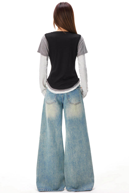 ストライプドパッチワークレイヤードトップス