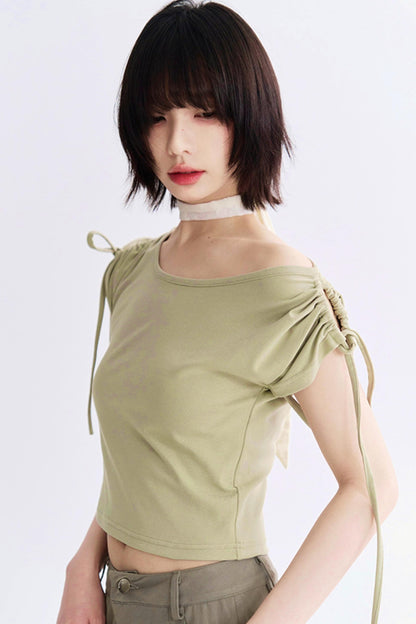 Shoulder Drawstring Cutout Tops