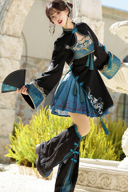 Cyberpunk Chinese-Style Lolita Top + Strapped Dress + Skirt + Leg Covers