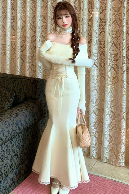 Elegant off-the-shoulder knit + mermaid skirt