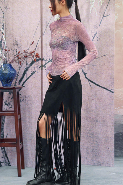 Retro Suede Fringe Skirt