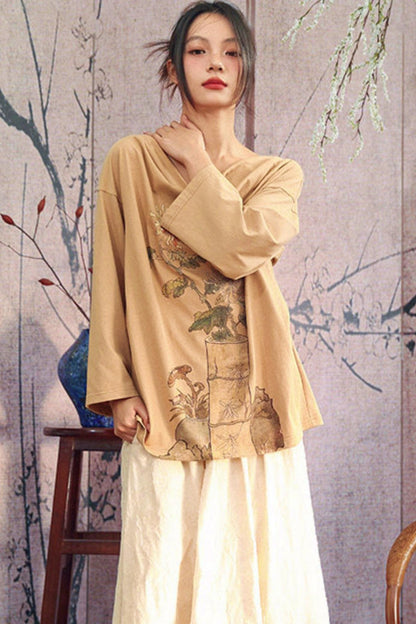 Floral Art Print Drape Neck Top