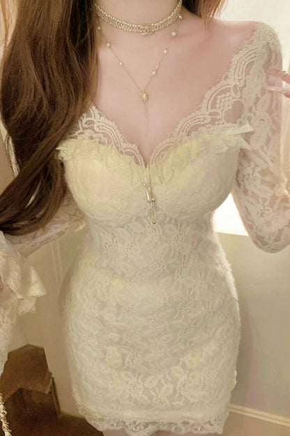 Lace Tight Flare Sleeve Hip Dress