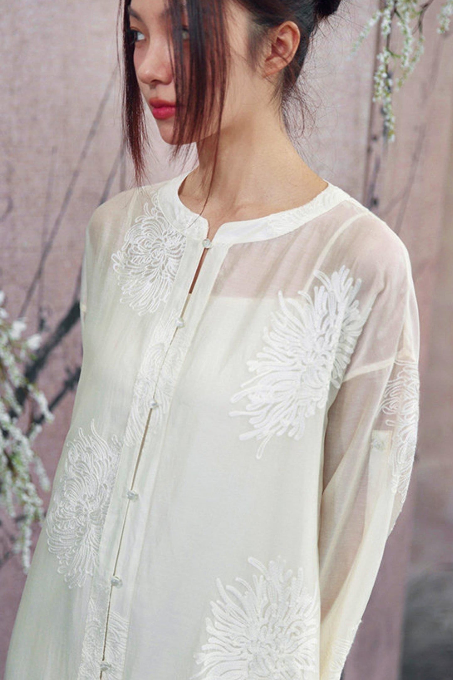 White Sheer Floral Embroidered Band-Collar Shirt Dress