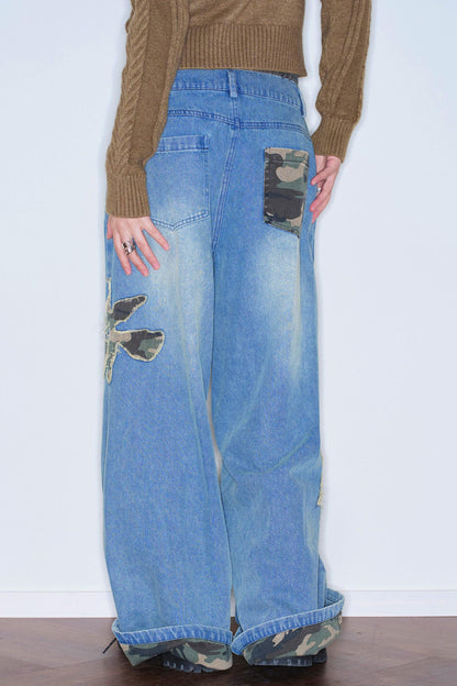 Camouflage Patchwork Embroidered Jeans