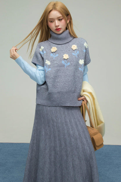 フローラルニットトップス+インナートップス+スカート