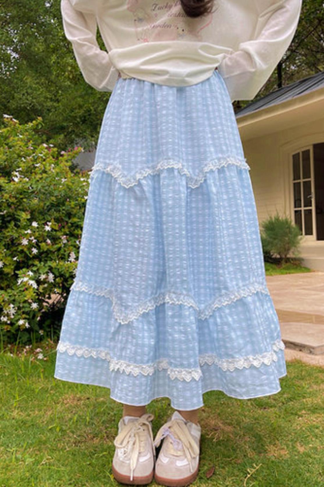 레이스 체크 롱 스커트