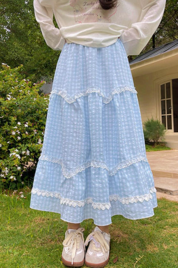 Lace Plaid Long Skirt