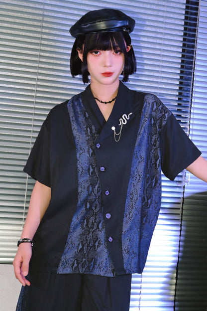 Asymmetrical Collar Snake Print Shirt (with Snake Motif Brooch)