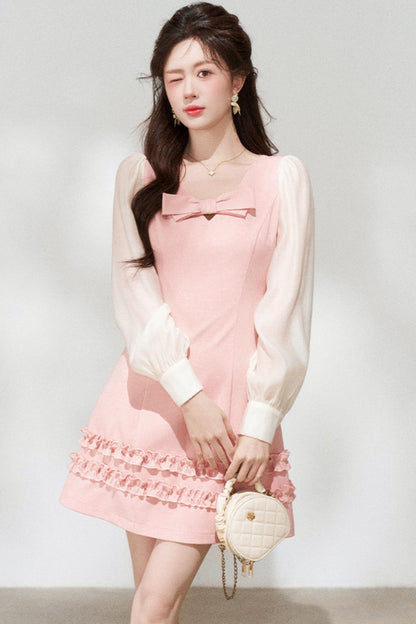 甜美粉色荷叶边连衣裙