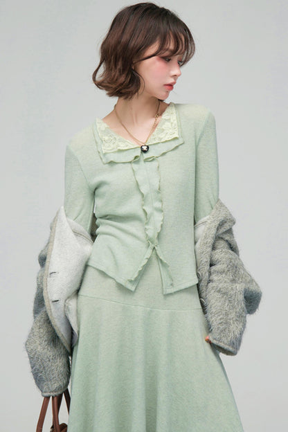 レースカラーニットトップス+アシメスカート