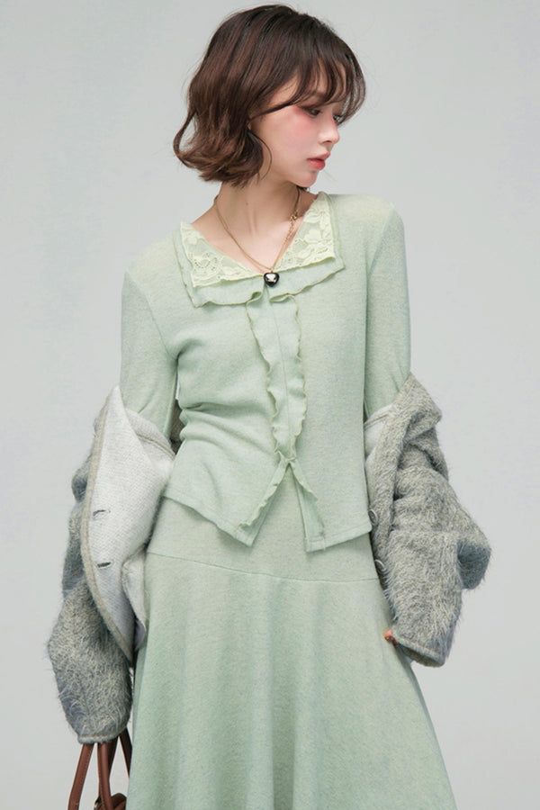 レースカラーニットトップス+アシメスカート